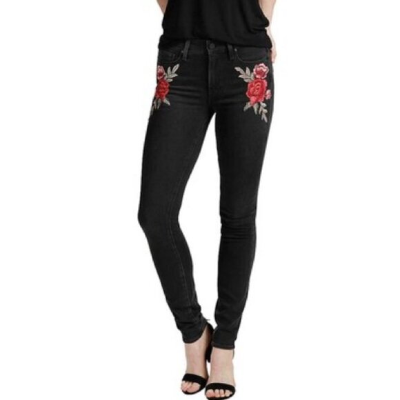 PAIGE Faded Black Rose Embroidered Ankle Jeans - Picture 1 of 2